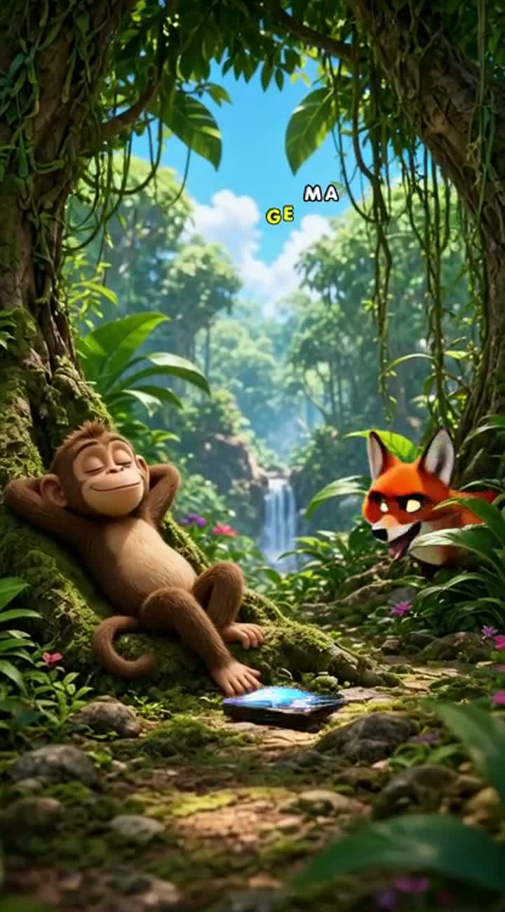 In a lush, colourful forest, a lazy monkey and a fox who believes… — AI cartoon