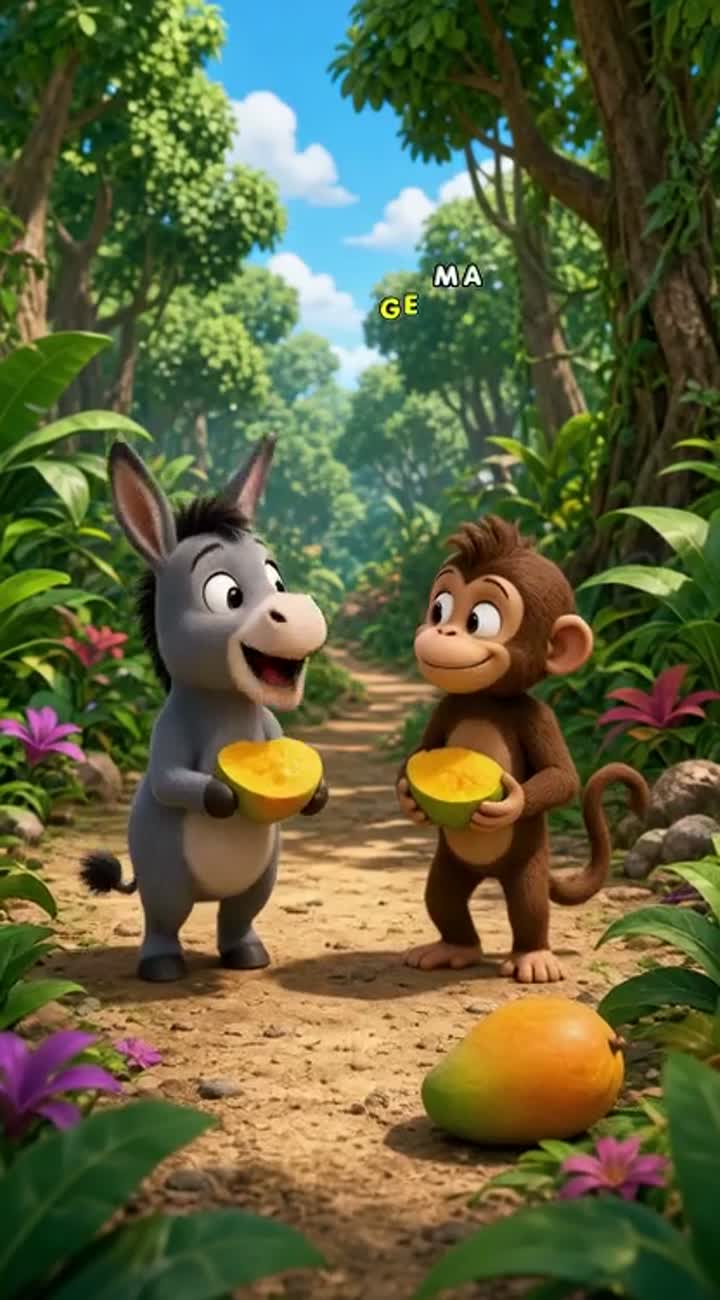 Dono aam baantkar khate hain aur hanste hue jungle ke raste ghar… — AI cartoon