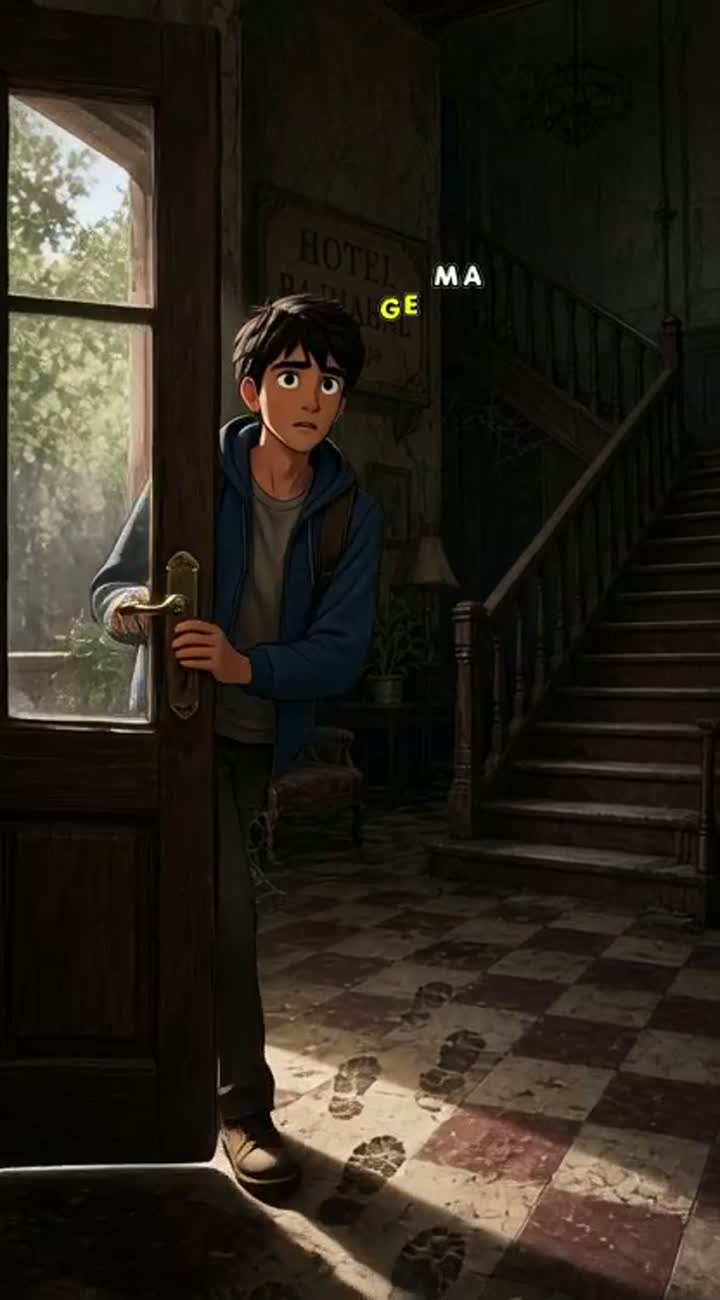Inside an old, dusty hotel, Rafi pushes open the entrance door… — AI cartoon