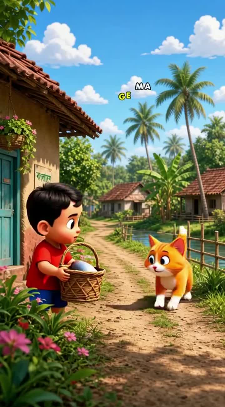 Cute 3D cartoon of a little boy and a funny cat in a village… — AI cartoon