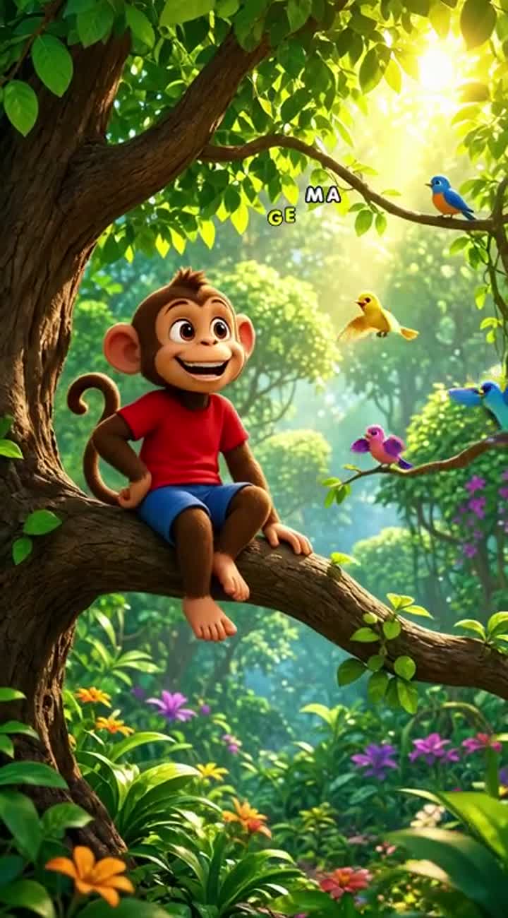 Show a beautiful lush green forest, with birds chirping… — AI cartoon