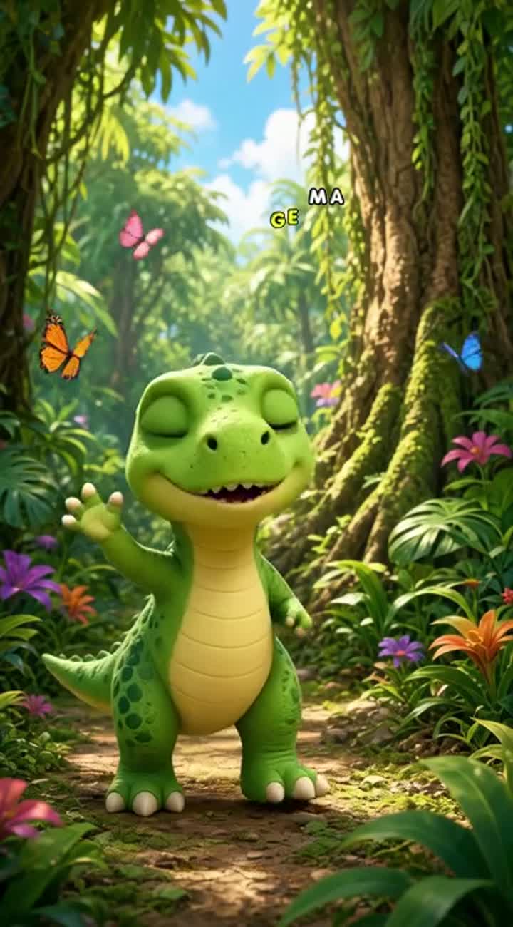 A cute little green baby dinosaur with a light yellow belly… — AI cartoon
