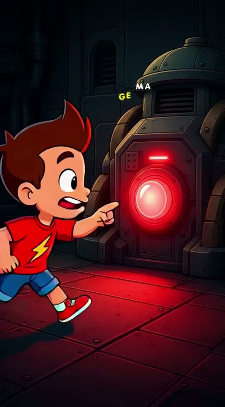 Visual: Leo and Milo discover a glowing red button on a mysterious… — AI cartoon