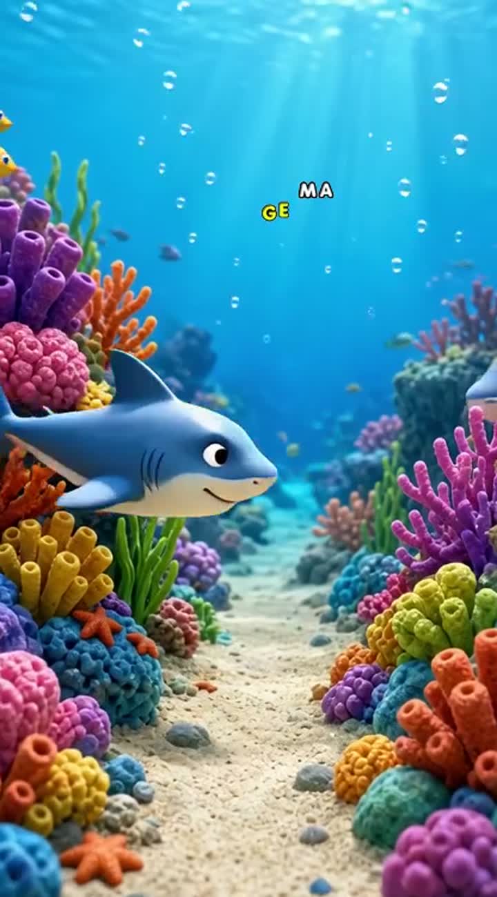 A small shark swims out from behind colorful coral — AI cartoon