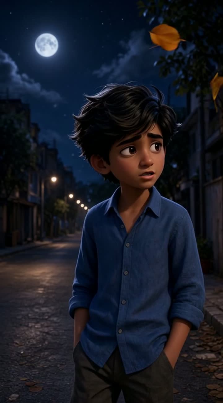 Cinematic 3D cartoon animation of a young Indian boy standing… — AI cartoon