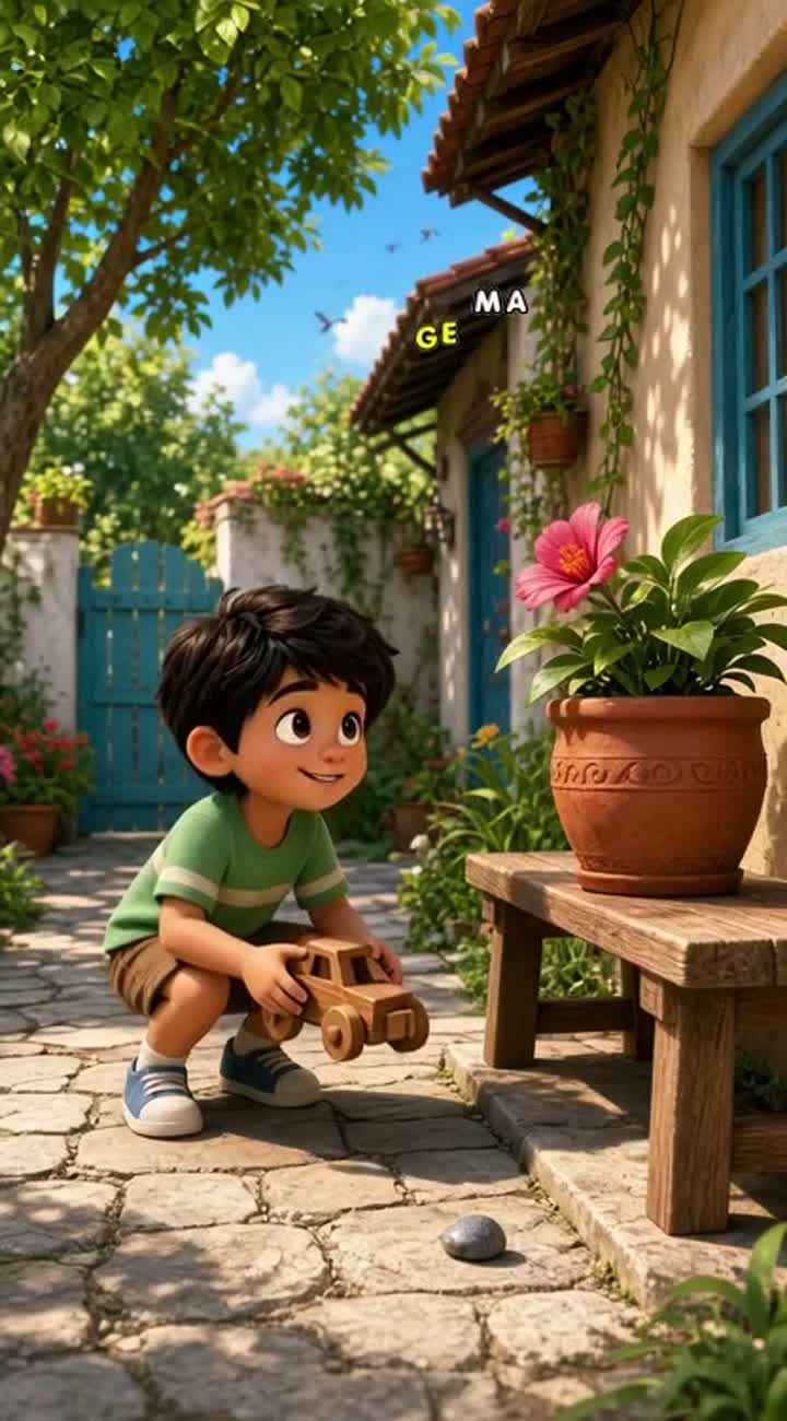 A single continuous animated shot set in the courtyard of Yusuf's… — AI cartoon