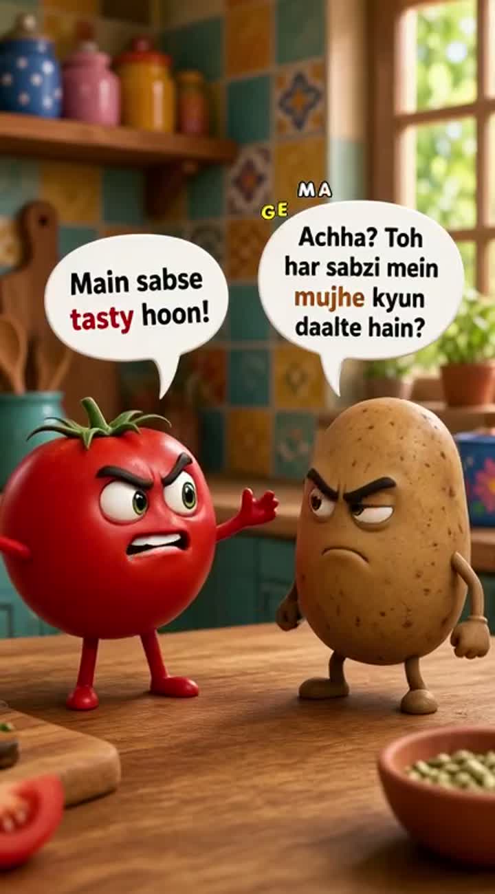 A cute red tomato and a brown potato with realistic human-like… — AI cartoon