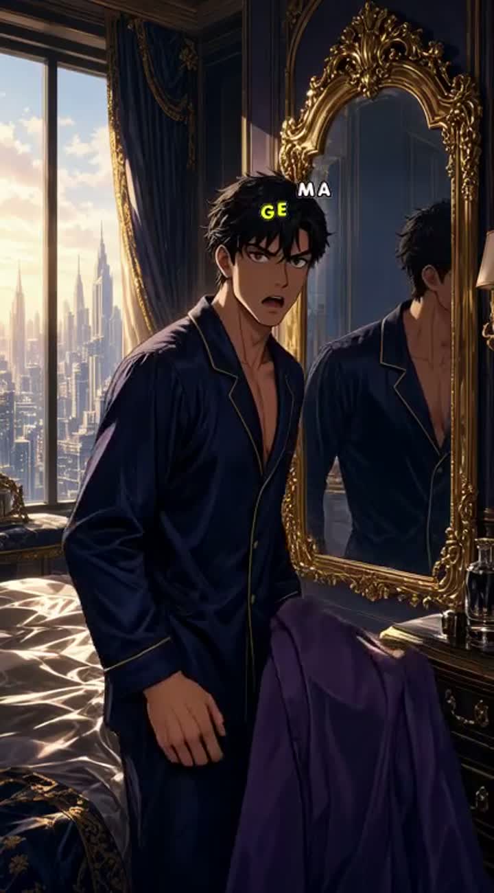 In a luxurious penthouse bedroom, Ronan, 26… — AI cartoon