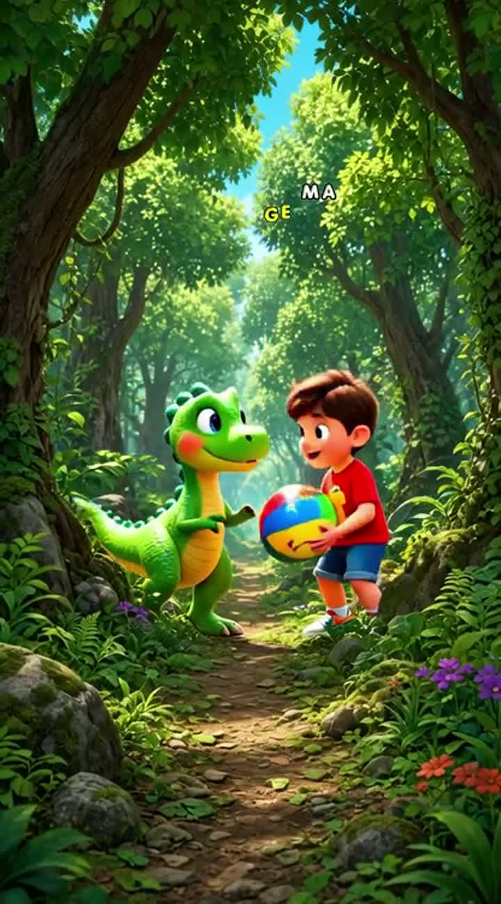Niño dinlsauro juega con dairen en el bosque — AI cartoon