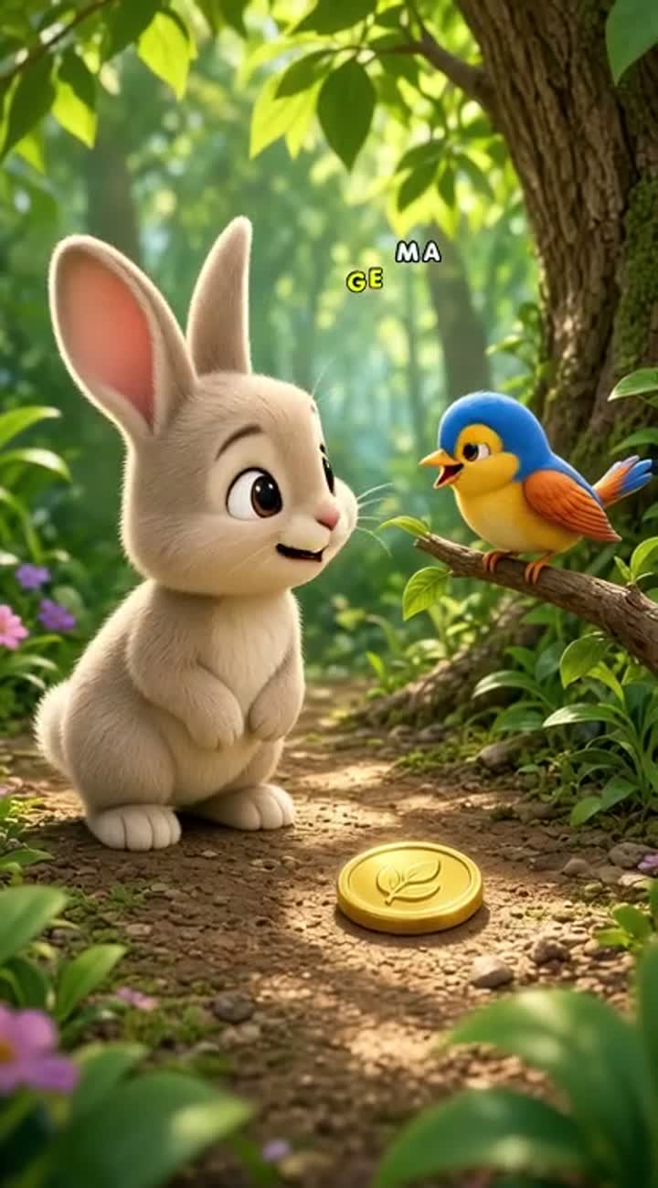 Cute 3D cartoon rabbit and a small colorful bird in a beautiful… — AI cartoon