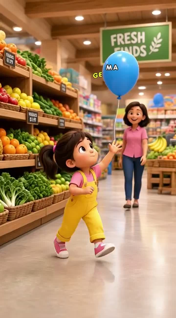 A cute little girl wearing yellow overalls runs through a bright… — AI cartoon
