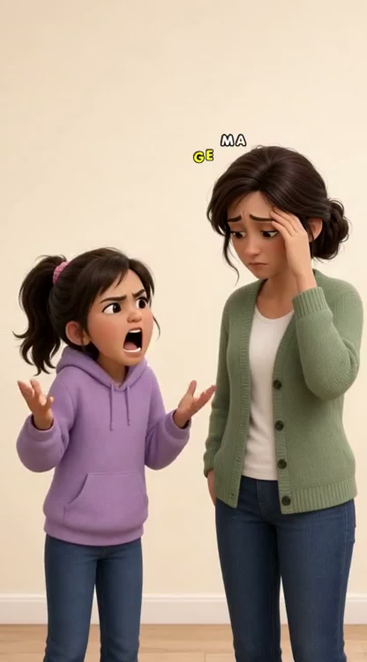 A young school-age girl stands next to her mother — AI cartoon