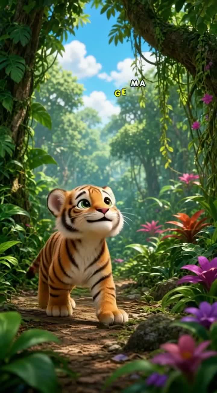 A brave tiger cub lives in a beautiful jungle — AI cartoon