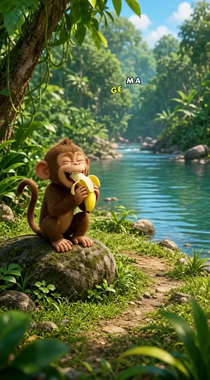 Funny 3D cartoon video, about a silly little monkey and a hungry… — AI cartoon