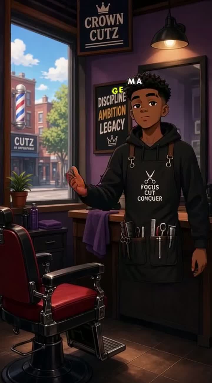 17 year old barber boy with ambition and an eye brow split… — AI cartoon
