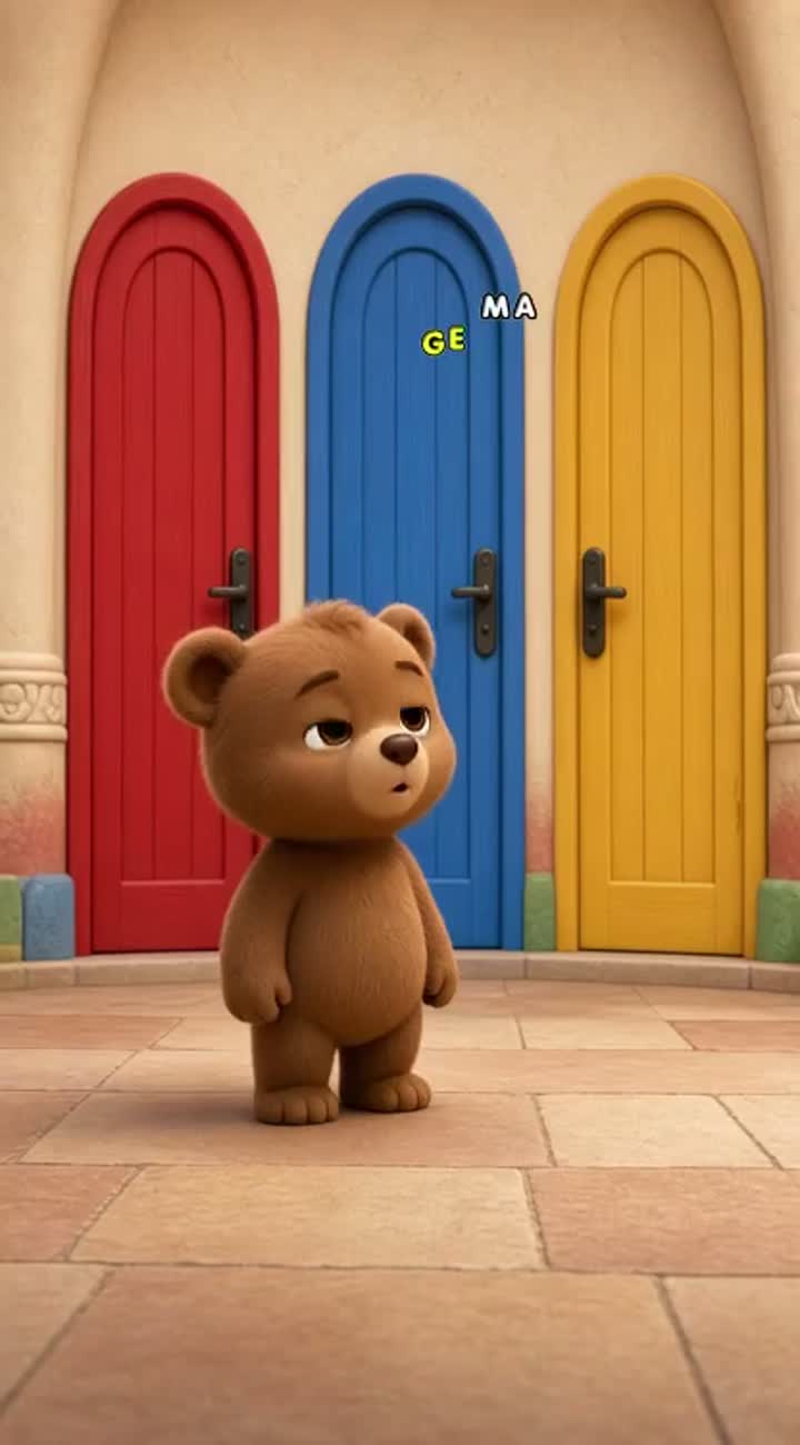 Ein süßer kleiner 3D-Cartoonbär namens Momo steht vor drei großen… — AI cartoon