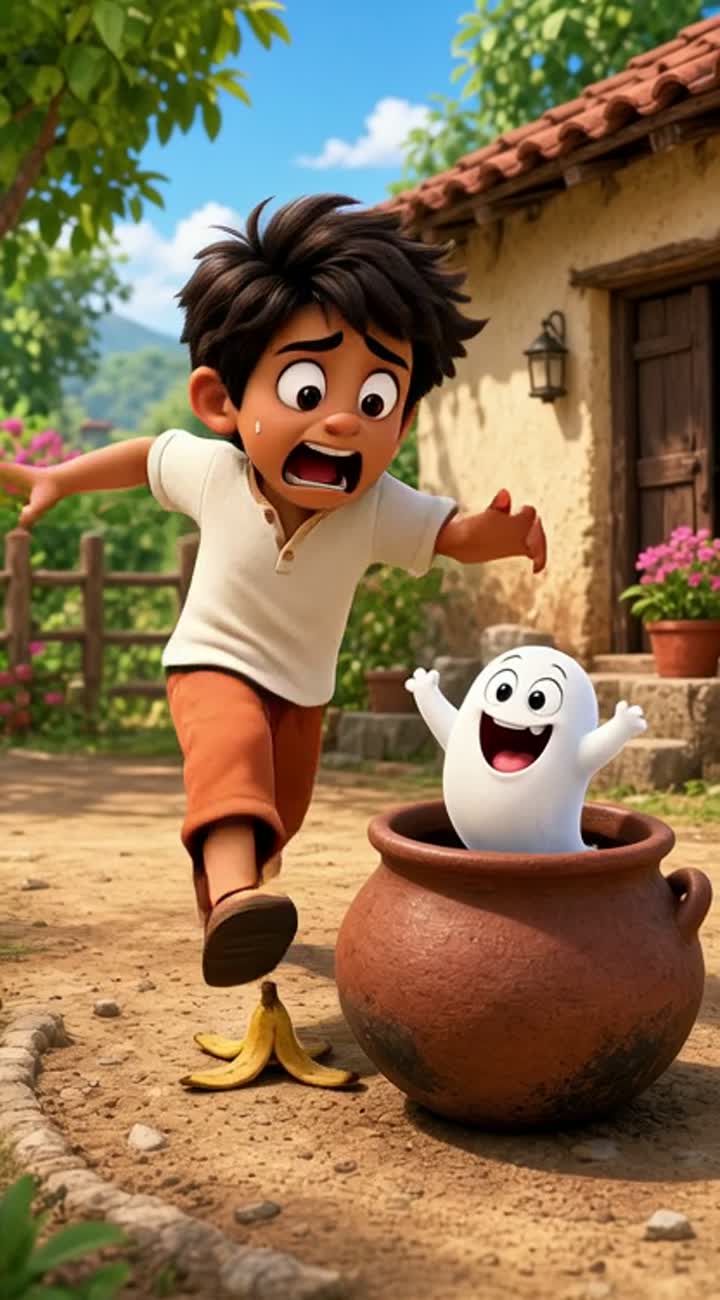 An original funny village boy tries to catch a tiny ghost hiding… — AI cartoon