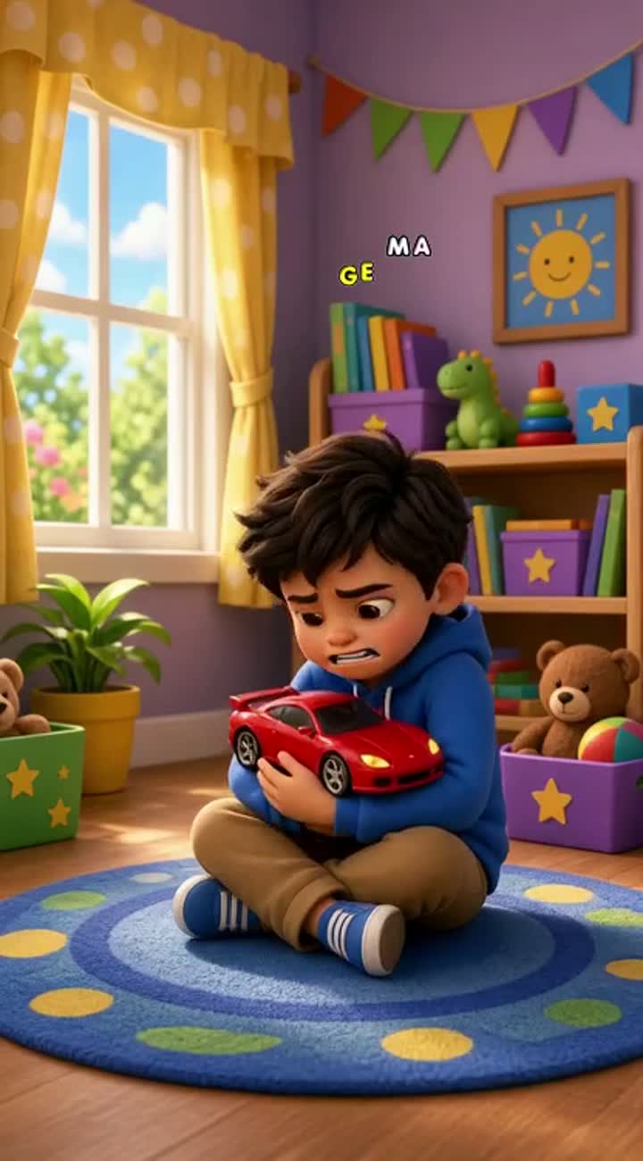 Rayan is a little boy who doesn't want to share his toy… — AI cartoon