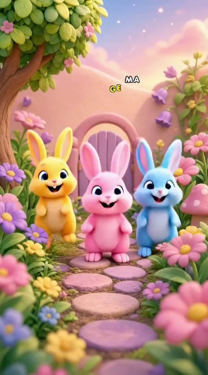 Three adorable baby rabbits, one pink, one yellow and one blue… — AI cartoon