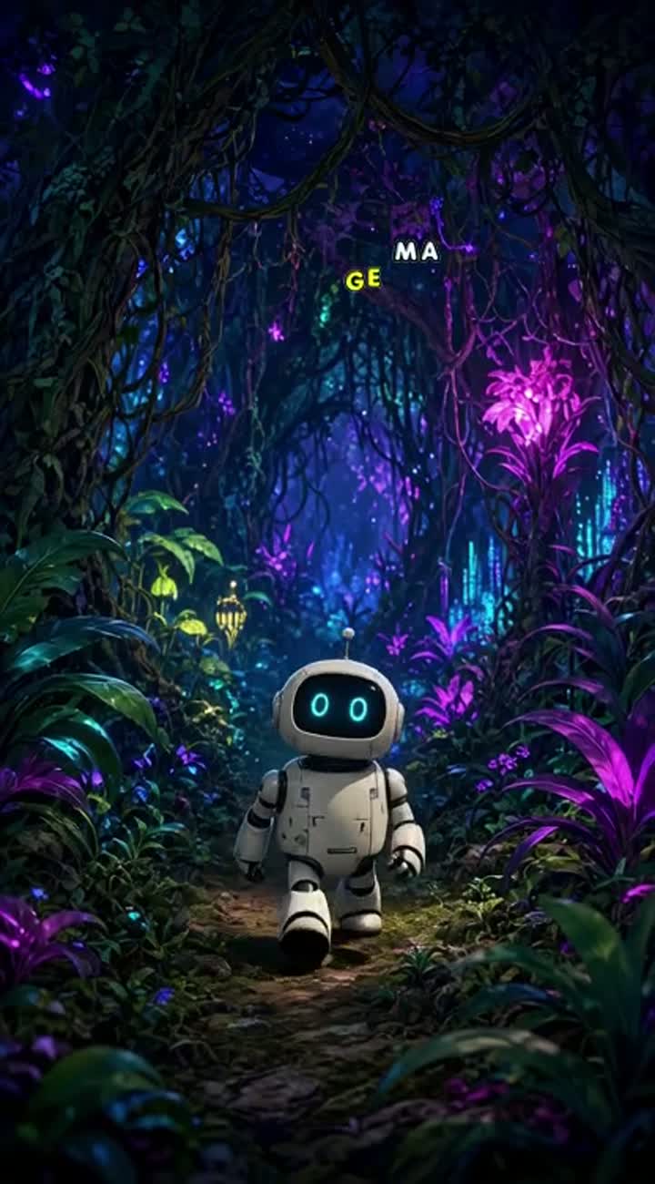 A brave little robot lost in a neon jungle Animated cartoon… — AI cartoon