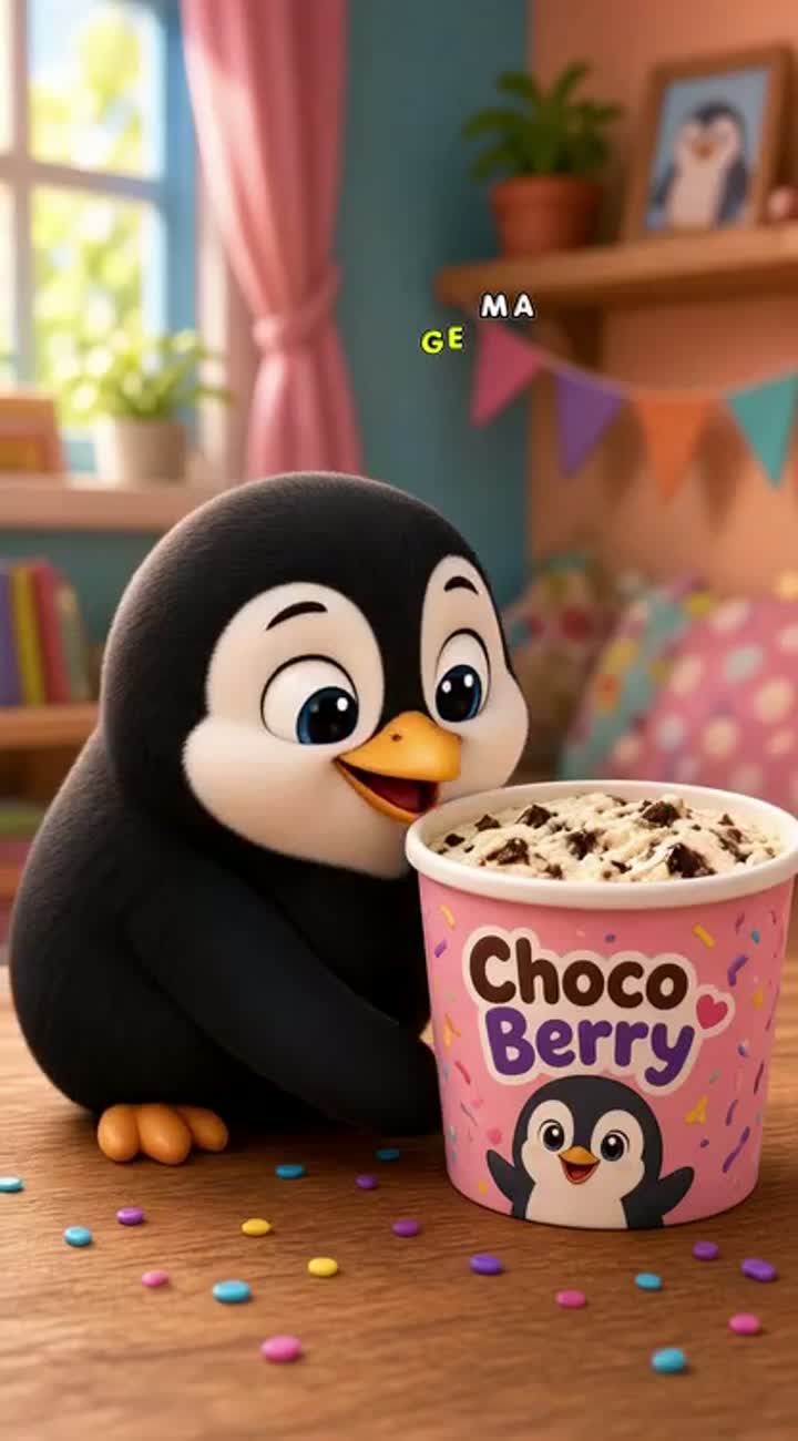 A tiny, chubby penguin looks at a tub of ice cream… — AI cartoon