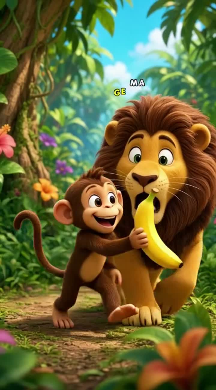 A funny 3D cartoon monkey steals a banana from a friendly lion… — AI cartoon