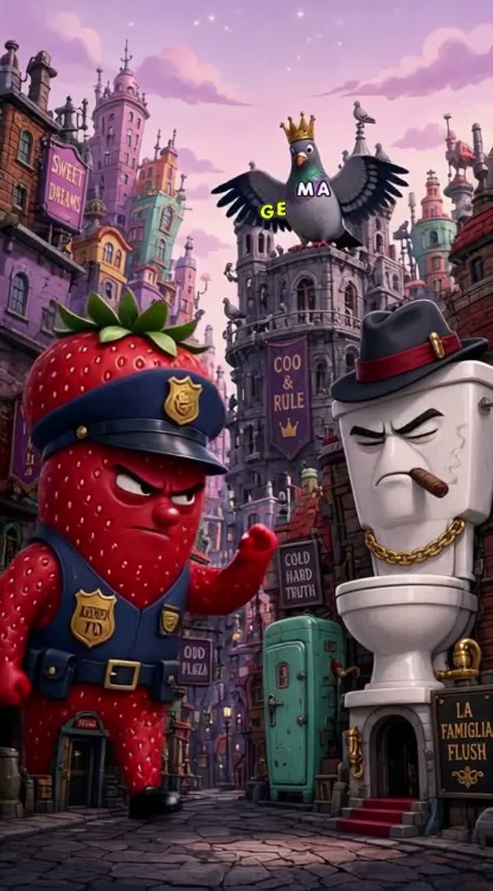 In a bizarre city, a strawberry policeman, mafia toilet… — AI cartoon