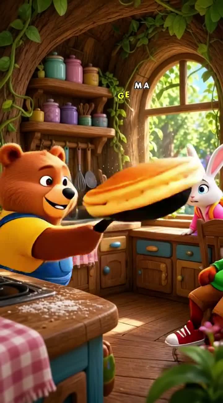 In a cozy treehouse kitchen in Rainbow Forest, Benny the Bear… — AI cartoon