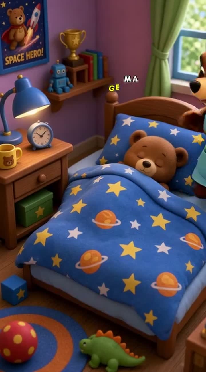 Funny 3D cartoon of a lazy little bear sleeping in bed — AI cartoon