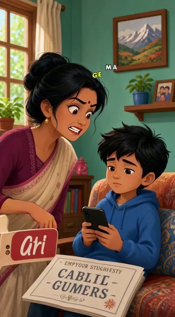 A mother and her son in a lively home setting — AI cartoon