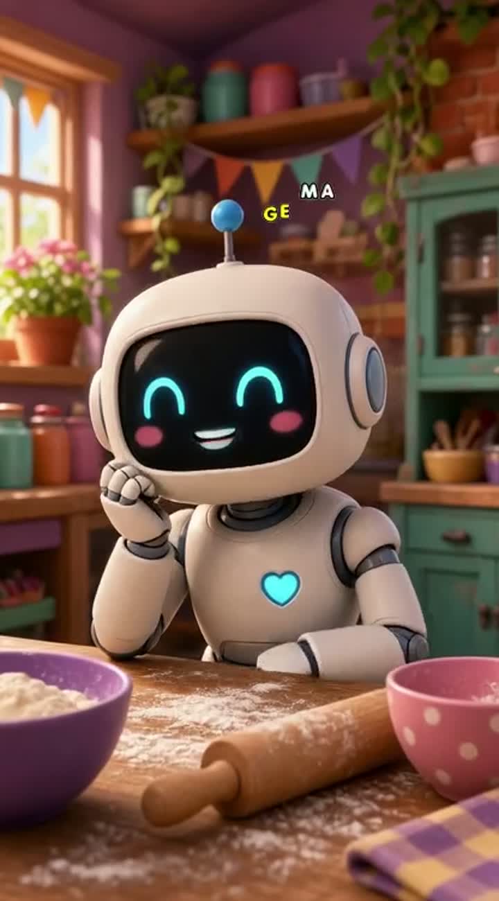 A shy robot learns to bake in a vibrant, colourful Pixar-style… — AI cartoon