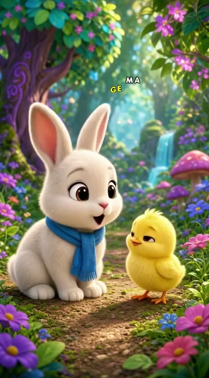 A cute fluffy cream-white baby bunny with big brown eyes… — AI cartoon