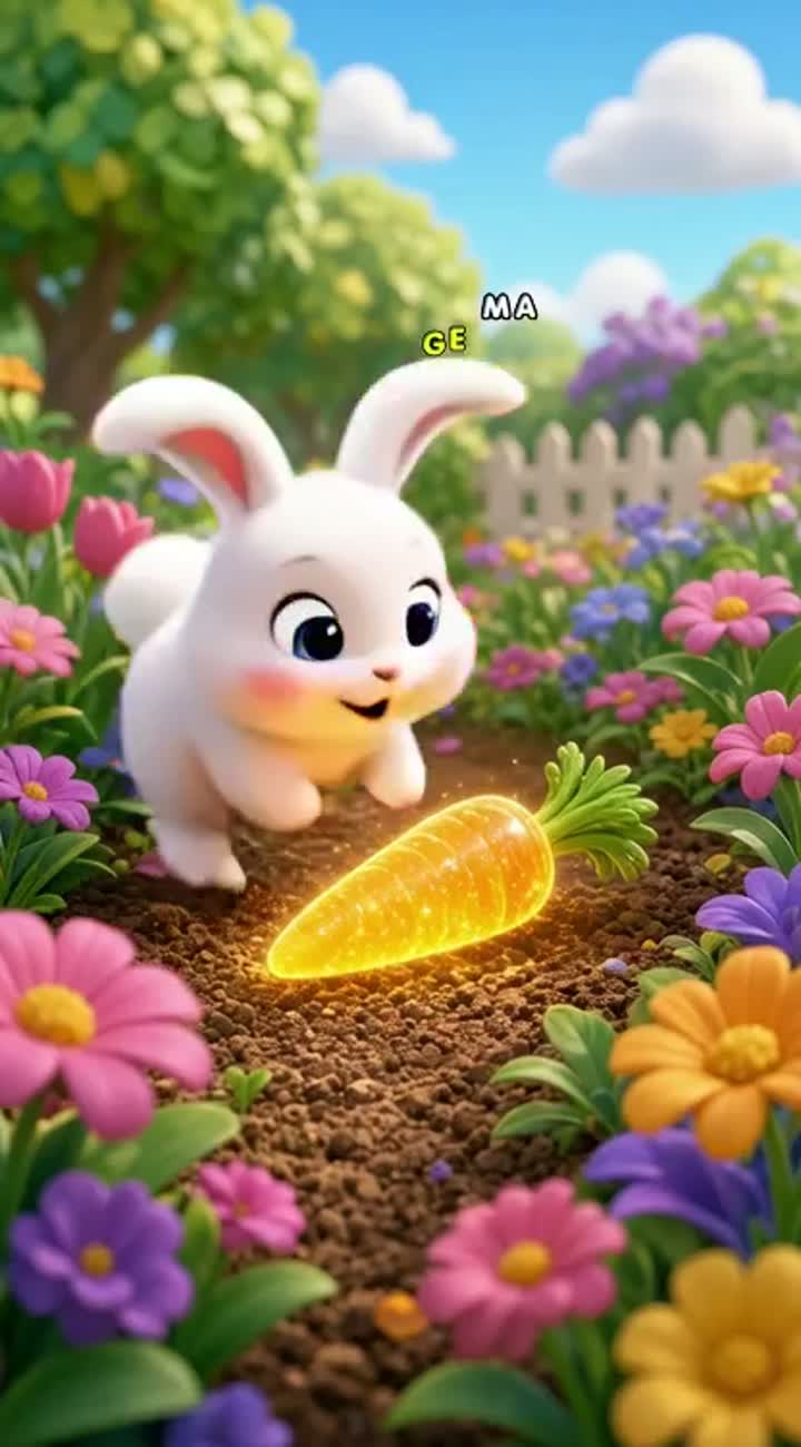 A cute, fluffy white 3D bunny discovers a glowing golden carrot… — AI cartoon