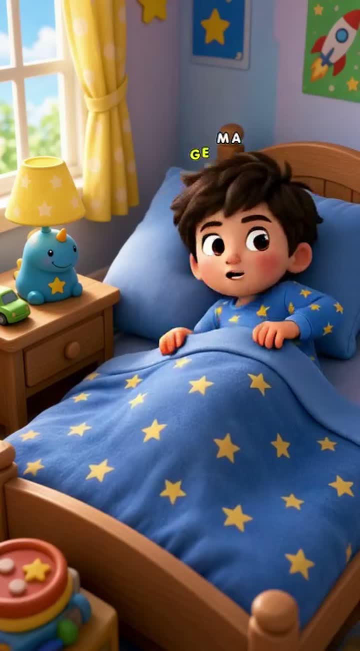 A cute little boy in blue pajamas refuses to go to school… — AI cartoon