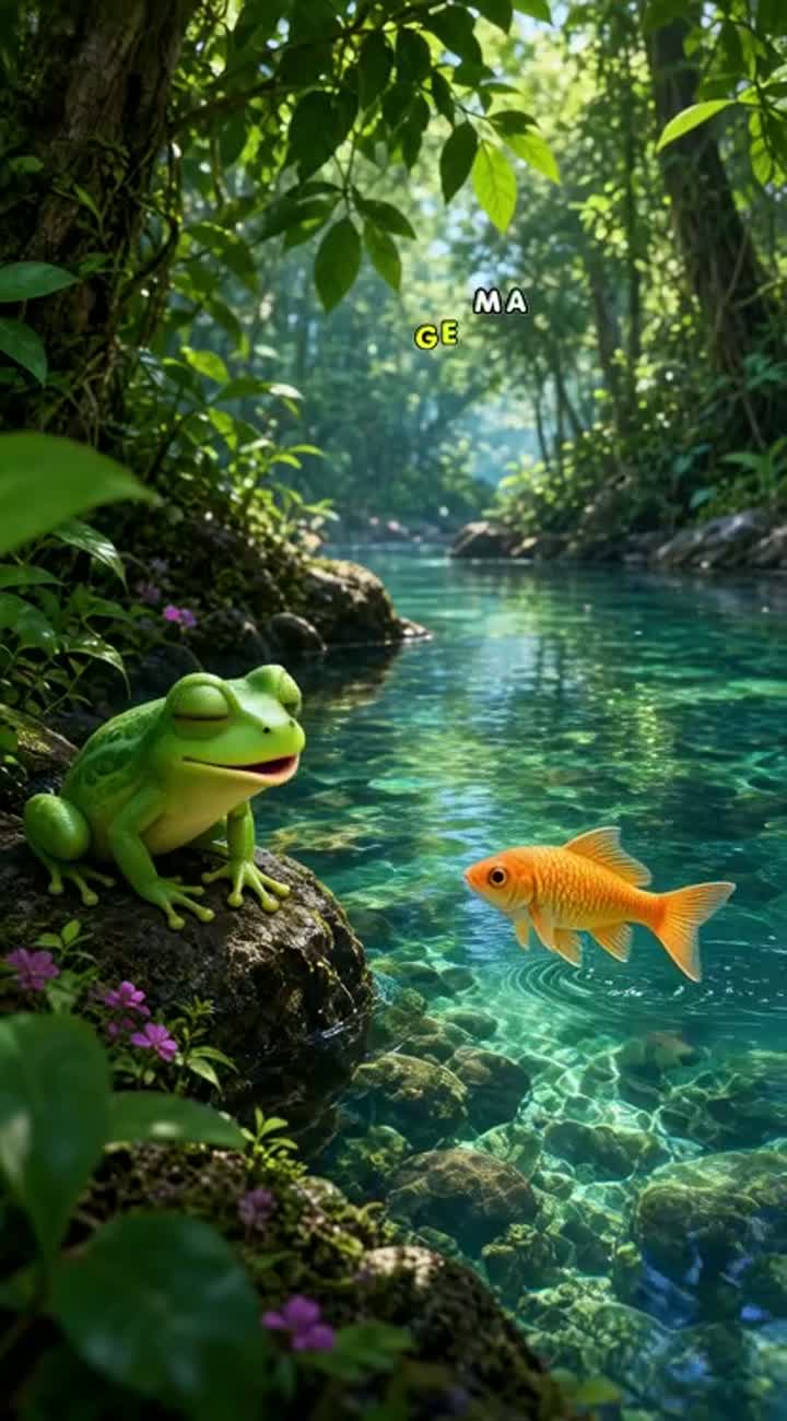 I want a one-minute video of a wild frog in the forest watching… — AI cartoon