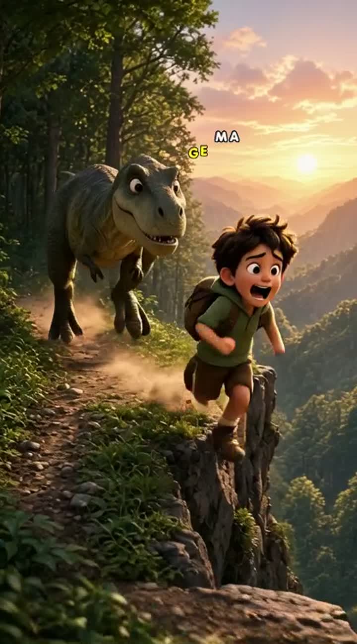 A cute little boy runs through a beautiful green forest while… — AI cartoon