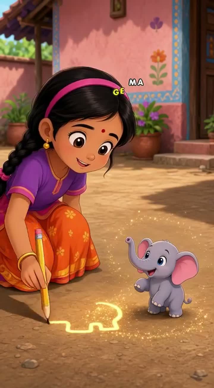Action: Chutki excitedly draws an elephant with her golden pencil — AI cartoon