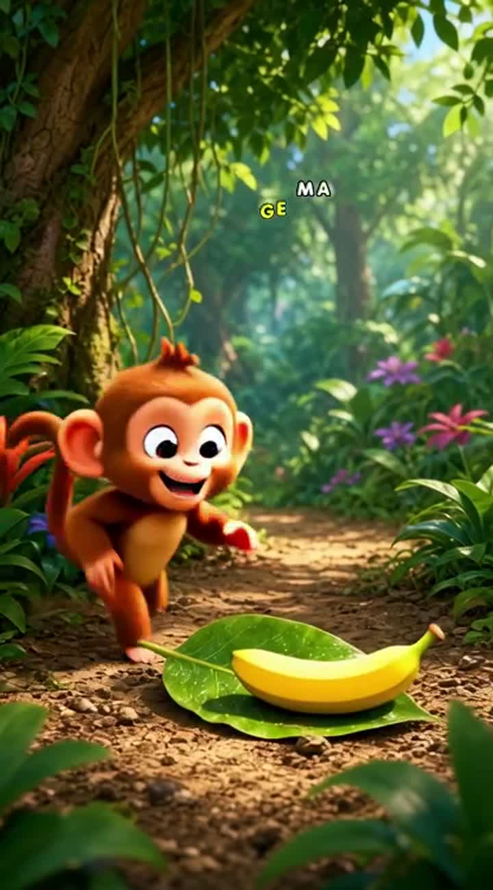 Funny baby monkey steals a banana, slips on a leaf… — AI cartoon
