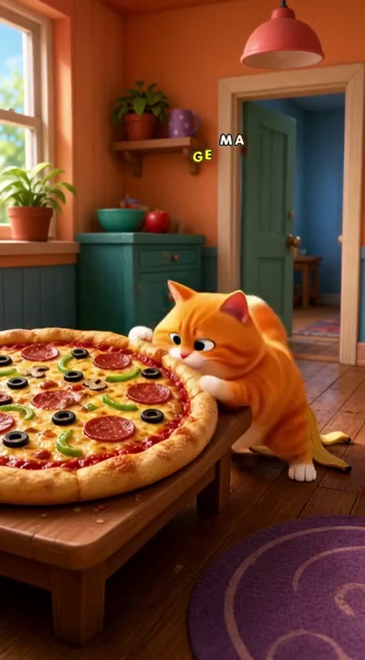 Funny 3D cartoon animation of a chubby orange cat stealing a giant… — AI cartoon