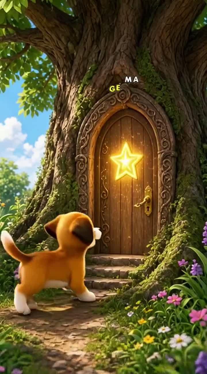 A cute puppy finds a magical door in a tree — AI cartoon