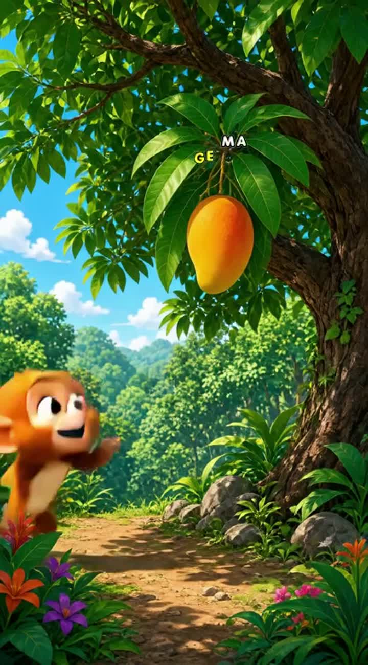 One day, Bujji spots a large mango hanging from a tree and jumps… — AI cartoon