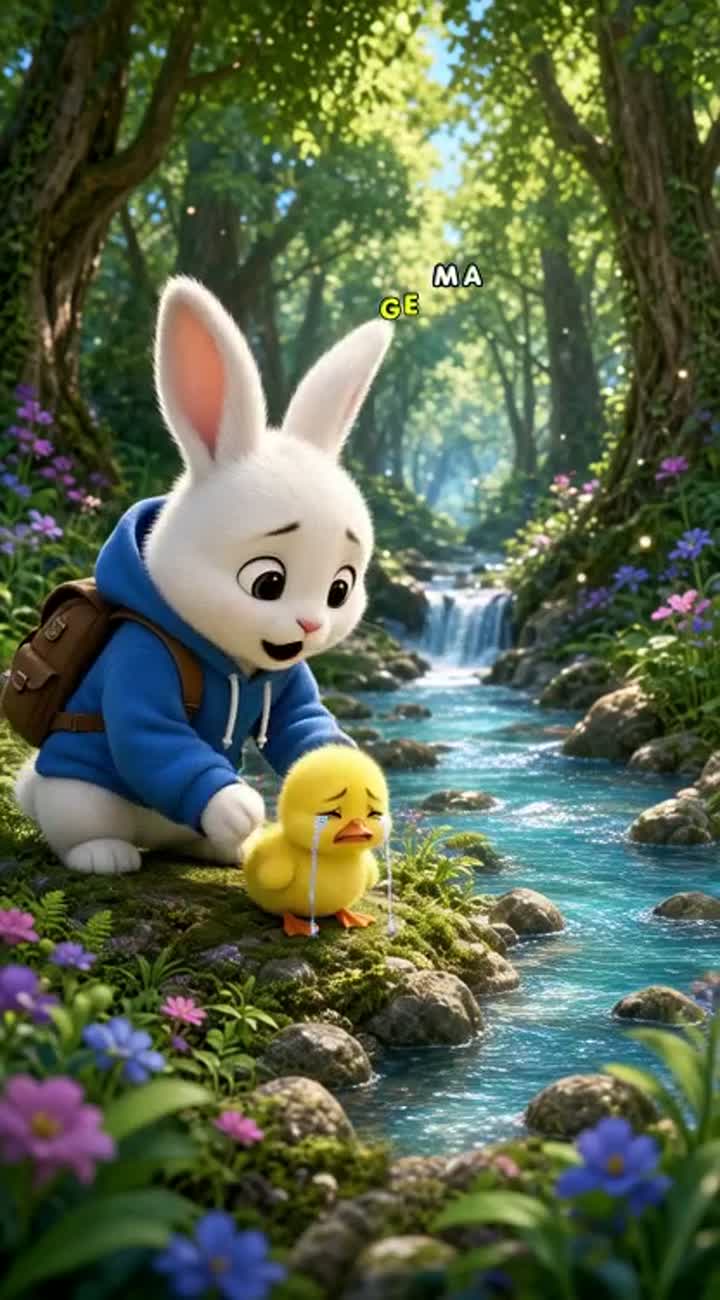A cute fluffy white bunny named Benny, wearing a bright blue… — AI cartoon