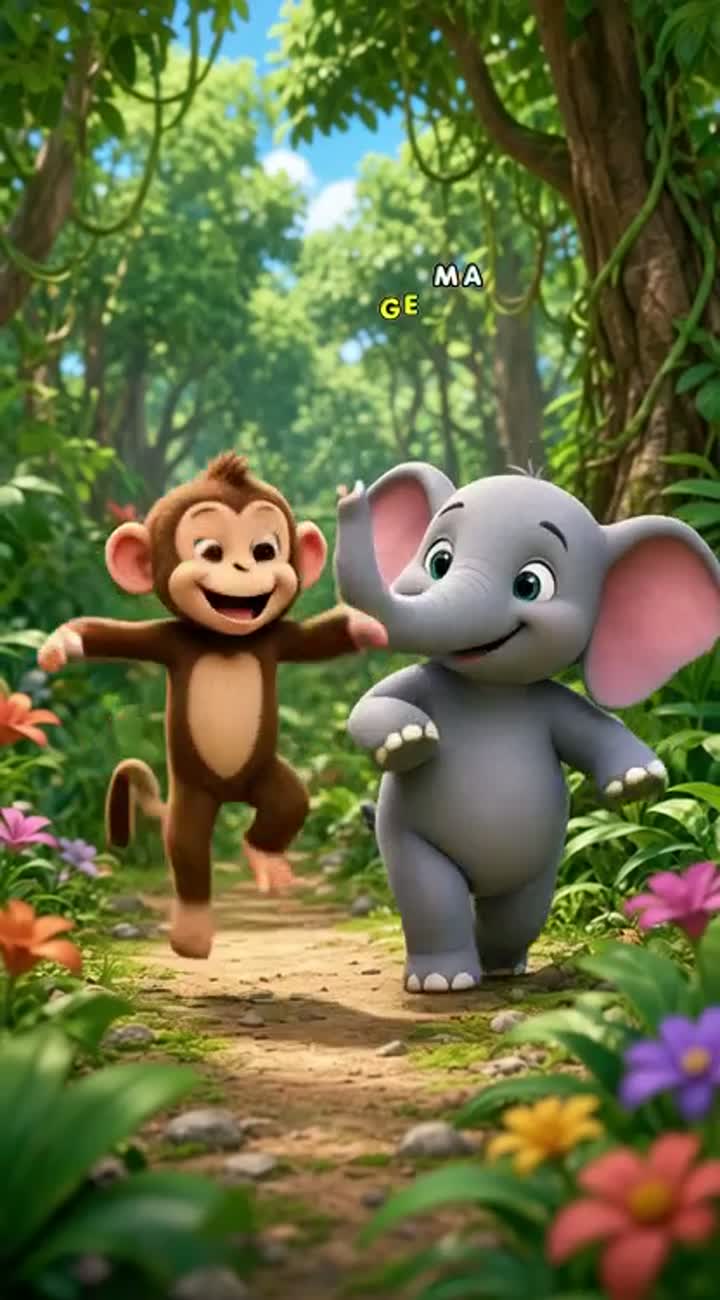 A cute funny baby monkey and a friendly baby elephant playing… — AI cartoon