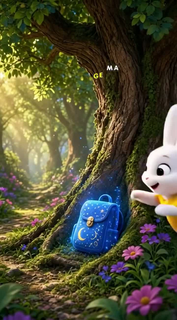 Colorful 3D cartoon called "Bunny & the Magical Backpack — AI cartoon