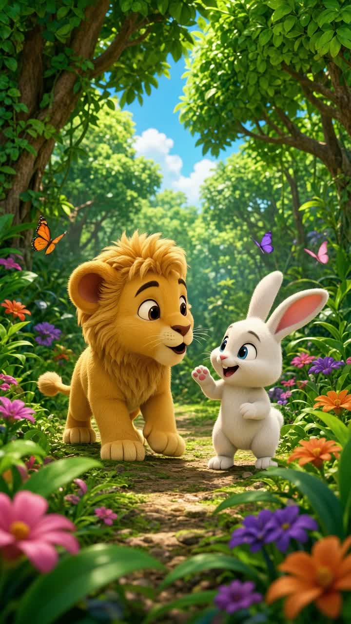 Cute 3D cartoon golden lion cub named Lionu and a small white… — AI cartoon