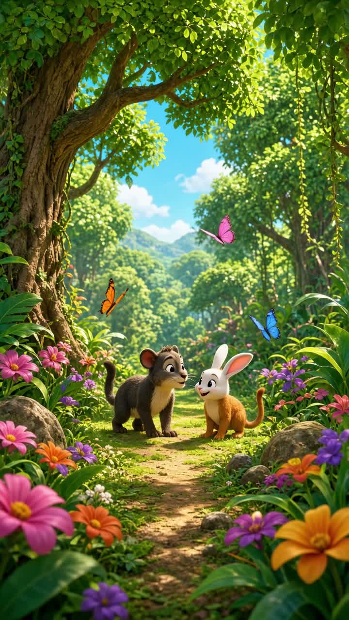 A beautiful lush green forest where the adorable lion Lainoo… — AI cartoon