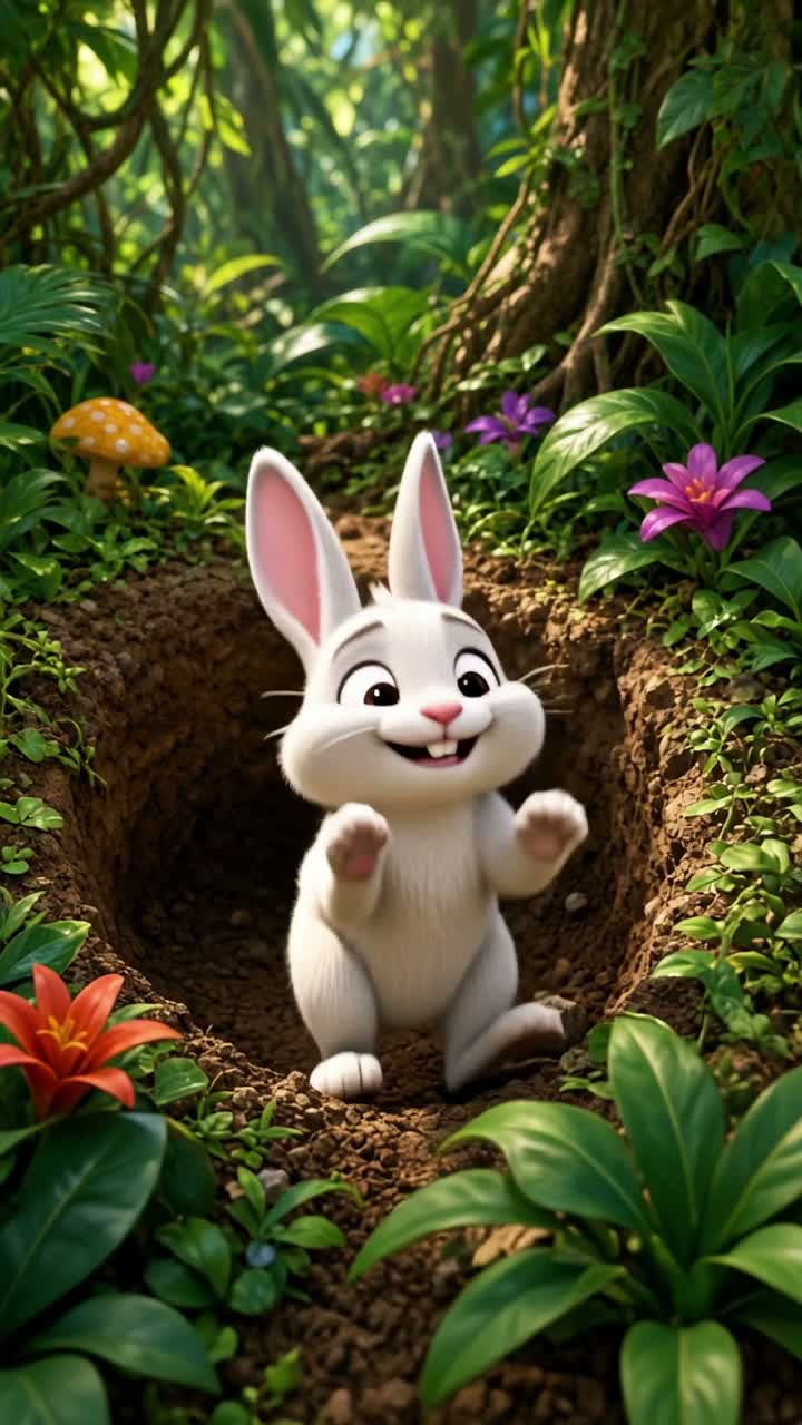 In the same jungle, Chiku the rabbit plays happily when he… — AI cartoon