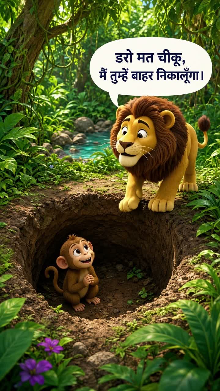 Lionu, a lion, quickly approaches the pit to help his friend Chiku — AI cartoon