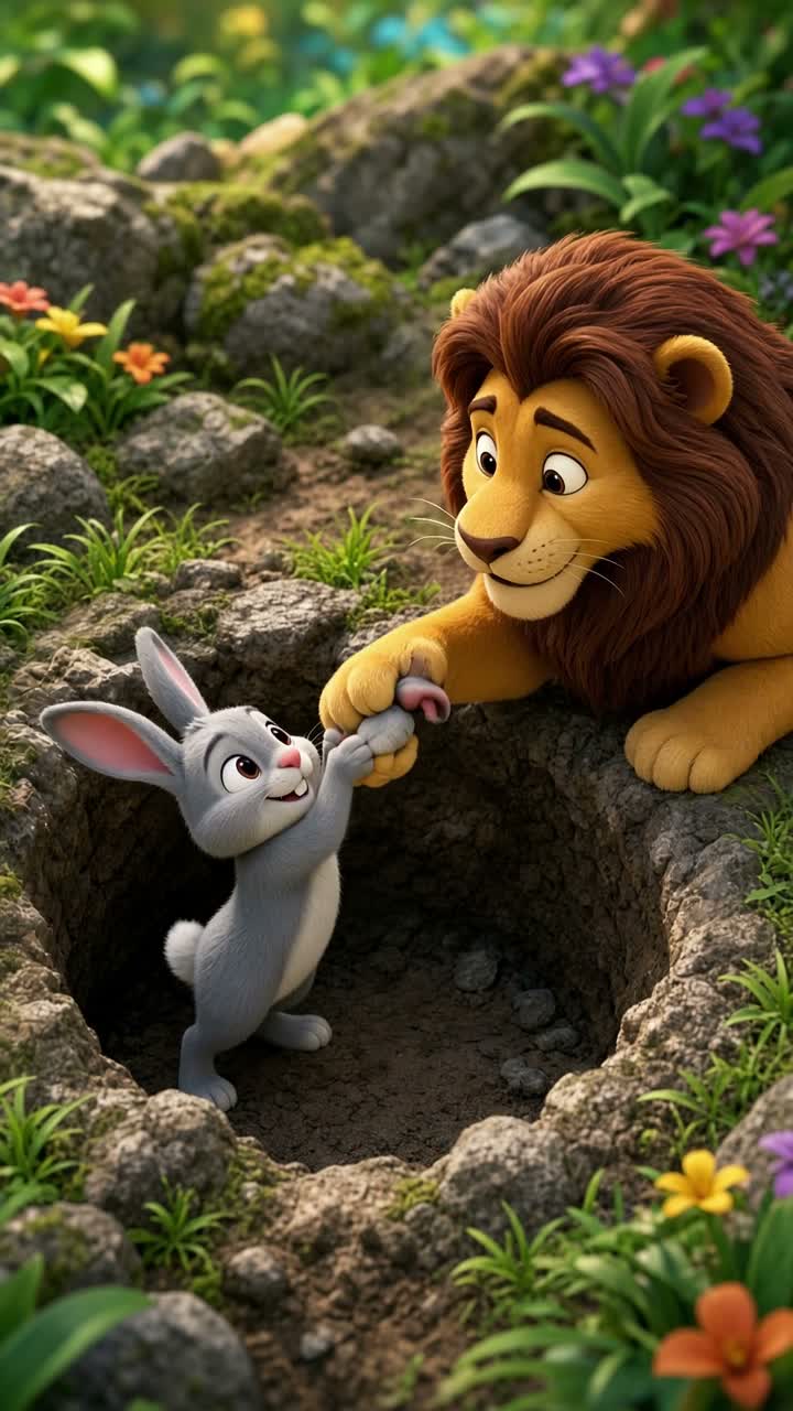 Lionu the lion reaches his paw forward and gently pulls Chiku… — AI cartoon