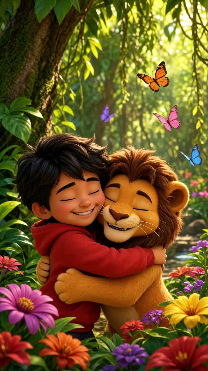 Chiku and Lionu happily hug each other, both smiling warmly — AI cartoon